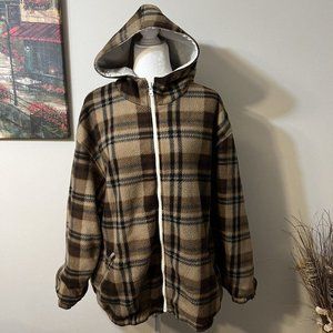 Vtg 90s Women Rain Reversible Plaid Brown Tan Fleece Rain Hoodie jacket Size XL